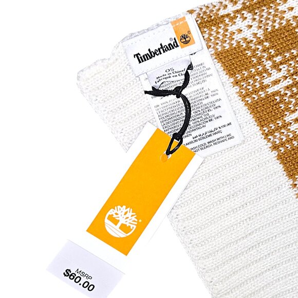 Timberland Plaid Knit Scarf Tan Beige White Acrylic Warm Winter Unisex Fashion - Picture 3 of 9